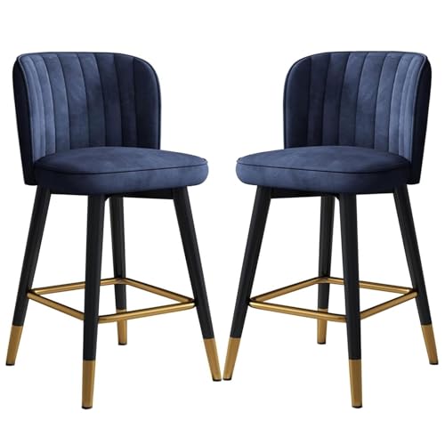 FXLUHAY Drehbare Barhocker in Thekenhöhe, 2er-Set, dick gepolsterte Barhocker mit Samtbezug, Küchen-Frühstücksinselstuhl mit Rückenlehne for Pub, Zuhause, Kneipe, Esszimmer(Blue,65cm(25.6'')) von FXLUHAY