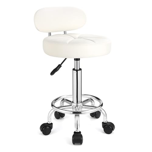 FXLUHAY Drehhocker mit Rollen Höhe Spa Hocker Rückenlehne Weiß von FXLUHAY