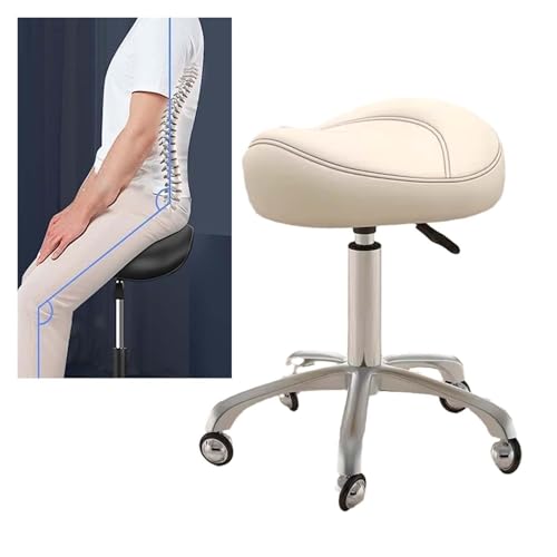 FXLUHAY Drehstuhl, Ergonomischer Sattelhocker, Sattelstuhl, Hochleistungs-Hydraulik-Rollhockerstuhl mit Rädern, Verstellbarer Hocker for Studio-Tattoo(Beige) von FXLUHAY