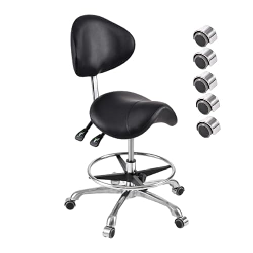 FXLUHAY Hydraulischer Sattelstuhl mit Rückenlehne, Fußstütze und PU-Rädern, drehbarer Sattelhocker, robuster Sattelsitz for den Schönheitssalon(Black) von FXLUHAY