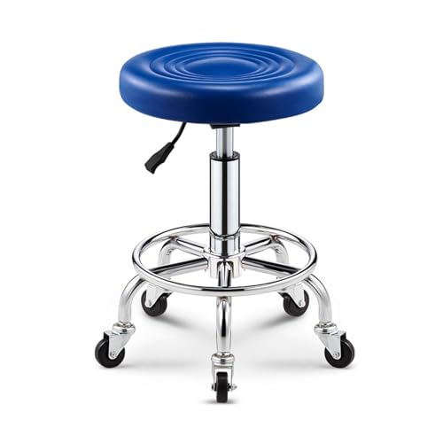 FXLUHAY Lederhocker aus Edelstahl mit Rädern und Fußstütze for Büro, Küche, Geschäft, Zeichenstudio, Tattoo, Arbeitsbüro, Schönheitssalon, Klinik, Zahnarzt(Blue) von FXLUHAY