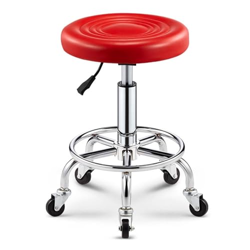 FXLUHAY Lederhocker aus Edelstahl mit Rädern und Fußstütze for Büro, Küche, Geschäft, Zeichenstudio, Tattoo, Arbeitsbüro, Schönheitssalon, Klinik, Zahnarzt(Red) von FXLUHAY