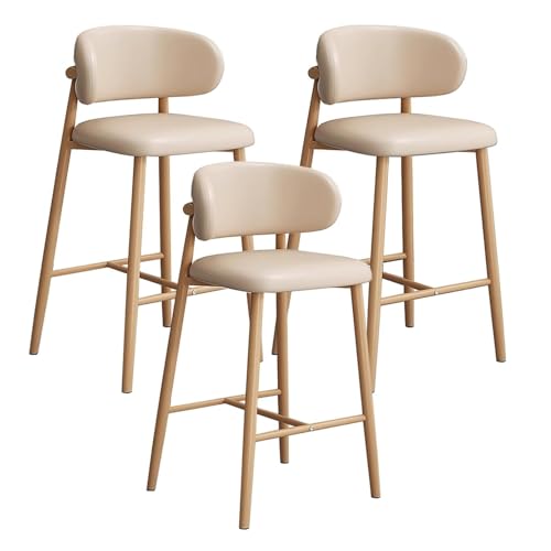 FXLUHAY Moderne gepolsterte Barhocker mit Metallbeinen, Bequeme Barhocker in Thekenhöhe for Kücheninseln/Heimkneipen, Gebogene Rückenlehne(3pcs Khaki,Height 55CM) von FXLUHAY