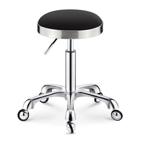 FXLUHAY Nagelstudio-Hocker auf Rädern, Meistersattel mit silbernem Edelstahlsitz, Höhe 45~58 cm, runder Hocker for Medical Spa, Büro, Schreibtisch, Tattoo(Black) von FXLUHAY