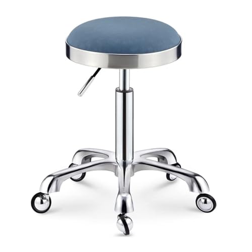 FXLUHAY Nagelstudio-Hocker auf Rädern, Meistersattel mit silbernem Edelstahlsitz, Höhe 45~58 cm, runder Hocker for Medical Spa, Büro, Schreibtisch, Tattoo(Blue) von FXLUHAY