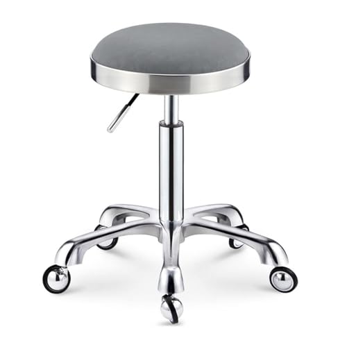 FXLUHAY Nagelstudio-Hocker auf Rädern, Meistersattel mit silbernem Edelstahlsitz, Höhe 45~58 cm, runder Hocker for Medical Spa, Büro, Schreibtisch, Tattoo(Grey) von FXLUHAY
