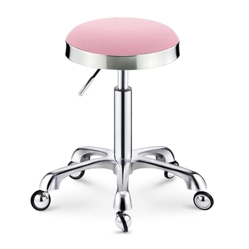 FXLUHAY Nagelstudio-Hocker auf Rädern, Meistersattel mit silbernem Edelstahlsitz, Höhe 45~58 cm, runder Hocker for Medical Spa, Büro, Schreibtisch, Tattoo(Pink) von FXLUHAY