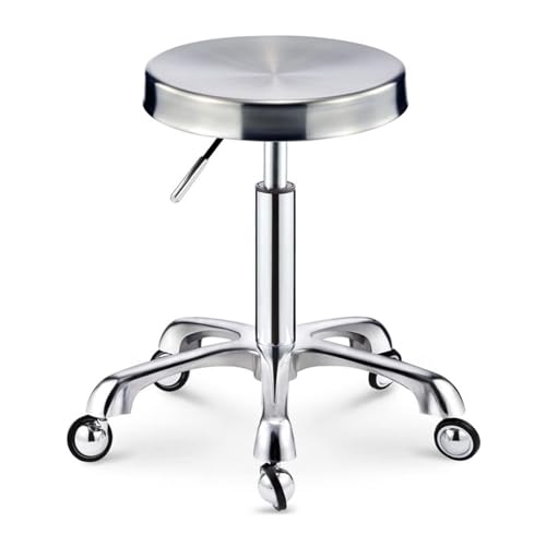 FXLUHAY Nagelstudio-Hocker auf Rädern, Meistersattel mit silbernem Edelstahlsitz, Höhe 45~58 cm, runder Hocker for Medical Spa, Büro, Schreibtisch, Tattoo(Stainlesssteel) von FXLUHAY