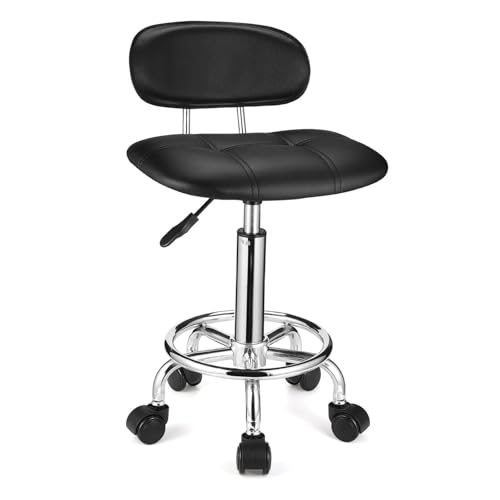 FXLUHAY Quadratischer Hocker mit Rückenlehne, höhenverstellbar, Drehhocker mit Rollen, Schwarz von FXLUHAY