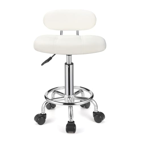 FXLUHAY Quadratischer Hocker mit Rückenlehne, höhenverstellbar, Drehhocker mit Rollen, Weiß von FXLUHAY