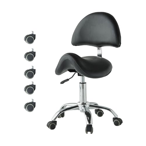 FXLUHAY Sattelförmiger Hocker mit Rädern, 360° drehbare professionelle Stühle, 49~64 cm großer Bürostuhl for Zahnkliniken, Massage-Spas und Schönheitssalons(Black) von FXLUHAY