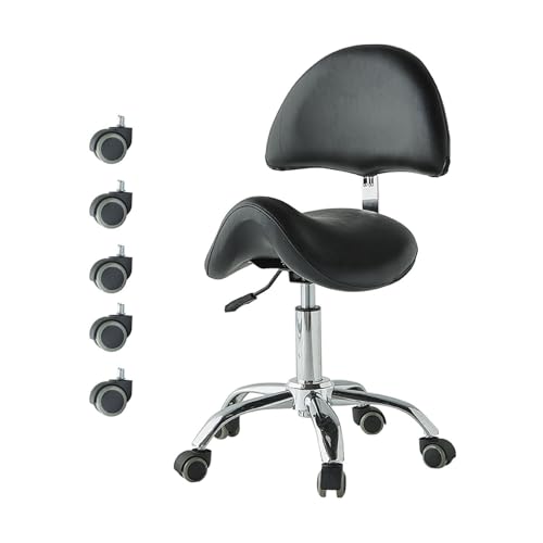 FXLUHAY Sattelförmiger Hocker mit Rädern, 360° drehbarer professioneller Rollstuhl, 49~64 cm großer Bürostuhl for Zahnkliniken, Massage-Spas und Schönheitssalons(Black) von FXLUHAY