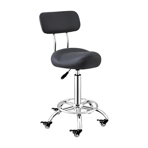 FXLUHAY Sattelhocker mit Drehsitz, Feststellrädern, Fußstütze und Rückenlehnenhöhe 50~70 cm, rollbarer Salonstuhl(Black) von FXLUHAY