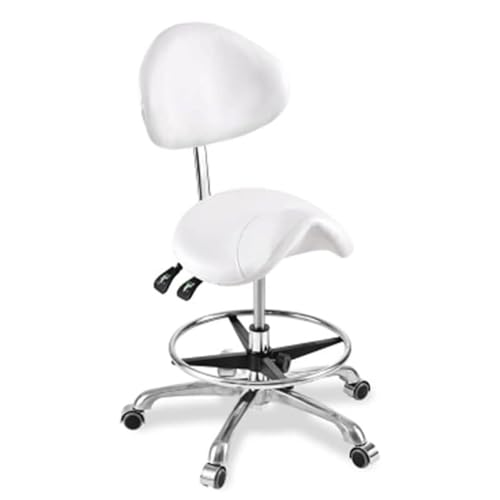 FXLUHAY Sattelhocker mit Rollen und Fußstütze, hydraulischer Drehsattelstuhl, 45–60 cm Höhe, for Salon, Spa, Massage, Tattoo(White) von FXLUHAY