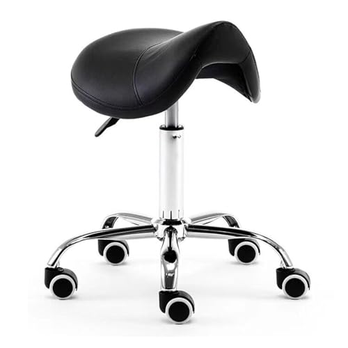 FXLUHAY Sattelstuhl, Bürosattelhocker, Drehstuhl mit Rollen, Ledersalonsitz for Tattoo Beauty Lash Massage(Black) von FXLUHAY