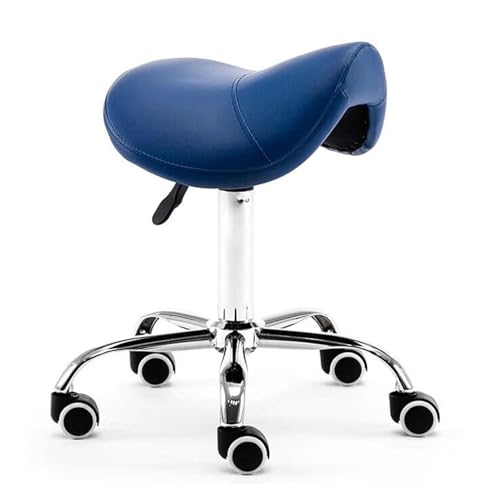 FXLUHAY Sattelstuhl, Bürosattelhocker, Drehstuhl mit Rollen, Ledersalonsitz for Tattoo Beauty Lash Massage(Blue) von FXLUHAY
