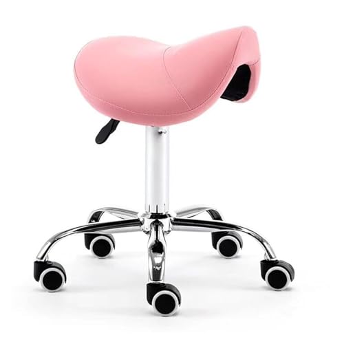 FXLUHAY Sattelstuhl, Bürosattelhocker, Drehstuhl mit Rollen, Ledersalonsitz for Tattoo Beauty Lash Massage(Pink) von FXLUHAY