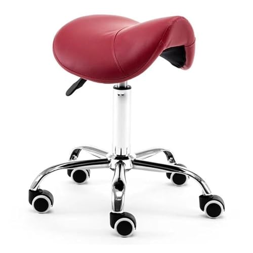 FXLUHAY Sattelstuhl, Bürosattelhocker, Drehstuhl mit Rollen, Ledersalonsitz for Tattoo Beauty Lash Massage(Red) von FXLUHAY