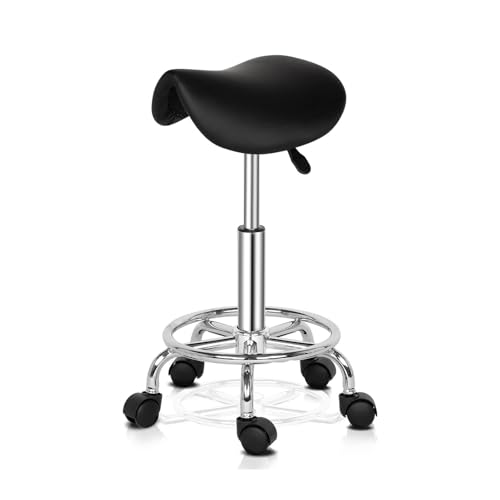 FXLUHAY Verstellbarer Sattel-Salonhocker mit hydraulischer Gasdruckfeder, drehbare Rollen, ergonomisch, for Friseur, Maniküre, Tattoo, SPA, Schönheitstherapie, Bar, Studio(Black) von FXLUHAY
