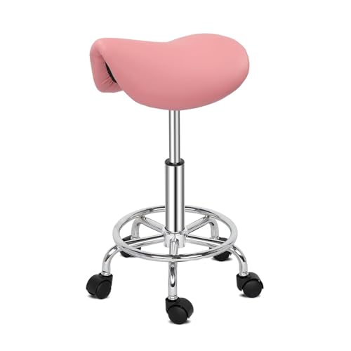 FXLUHAY Verstellbarer Sattel-Salonhocker mit hydraulischer Gasdruckfeder, drehbare Rollen, ergonomisch, for Friseur, Maniküre, Tattoo, SPA, Schönheitstherapie, Bar, Studio(Pink) von FXLUHAY