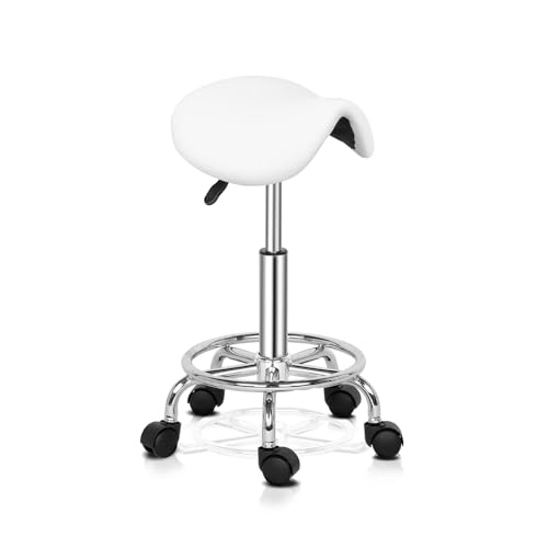 FXLUHAY Verstellbarer Sattel-Salonhocker mit hydraulischer Gasdruckfeder, drehbare Rollen, ergonomisch, for Friseur, Maniküre, Tattoo, SPA, Schönheitstherapie, Bar, Studio(White) von FXLUHAY