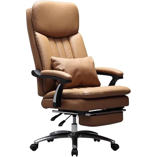 Moderner Chefsessel aus echtem Leder, hohe Rückenlehne, Schreibtischstuhl, ergonomischer Computerstuhl mit gepolsterten Armlehnen und Lendenwirbelstütze (Farbe: Braun, Größe: ohne Fußstütze) von FXTYRXJ