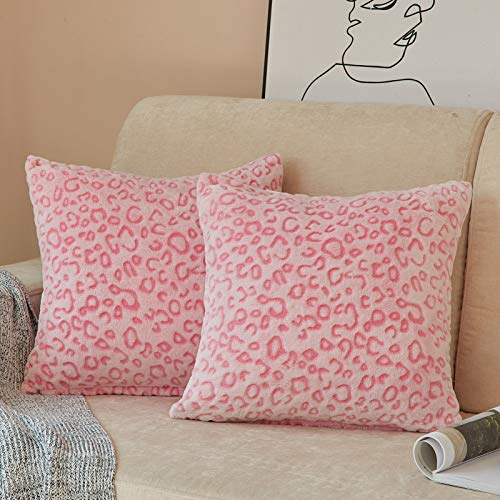 FY FIBER HOUSE 2er Set Flanell Fleece Kissenbezüge Kissenhülle mit Leopard-Druck, Zierkissenbezüge für Couch, Bett, Sofa, 45x45, Rosa von FY FIBER HOUSE