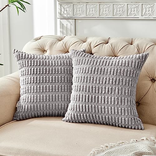 FY FIBER HOUSE 2er Set gemütliche Gestreifter Kordsamt Kissenbezüge Kissenhülle, dekorative quadratische Zierkissenbezüge für Couch, Bett, Sofa, 40x40cm, Grau von FY FIBER HOUSE