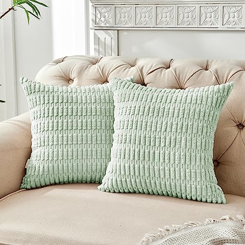 FY FIBER HOUSE 2er Set gemütliche Gestreifter Kordsamt Kissenbezüge Kissenhülle, dekorative quadratische Zierkissenbezüge für Couch, Bett, Sofa, 45x45cm, Salbeigrün von FY FIBER HOUSE