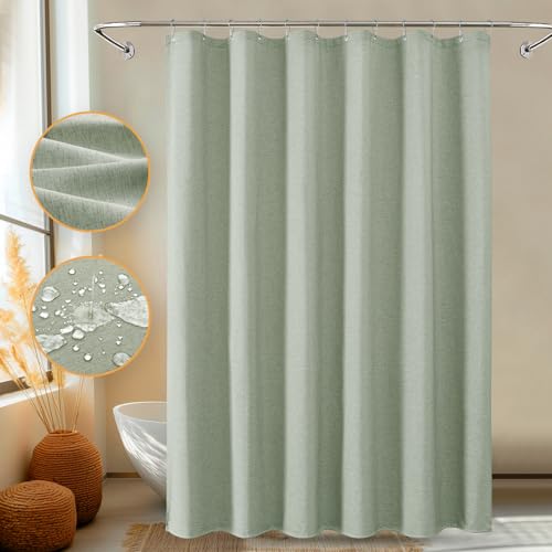 FY&XZH Leinenstruktur Duschvorhang, Stoff Duschvorhang Set mit Edelstahl Haken, 230 GSM Schwerer Hotel Luxus Waschvorhang, wasserdicht und waschbar, Duschvorhang 183Wx183H (Sagegrün) von FY&XZH