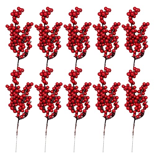 10 Stück Künstliche Rote Beeren, Dekorative Zweige Mit Beeren, Rot Holly Beeren Weihnachten Dekoration, Künstliche Holly Berry Zum Basteln Geschenken Dekoration Künstliche Blumen, Länge 21cm von FYBlossom