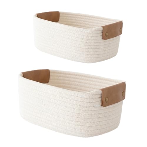2er Set Aufbewahrungskorb Geflochten Baumwollseil Körbe, Bad Wickeltisch Organizer Rechteckig Flechtkorb Mit Leder Griff, Stapelbare Dekorative Körbe Für Schminke Spielzeug 2er Set Aufbewahrungskorb Geflochten Baumwollseil Körbe, Bad Wickeltisch Organizer Rechteckig Flechtkorb Mit Leder Griff, Stapelbare Dekorative Körbe Für Schminke Spielzeug von FYBlossom