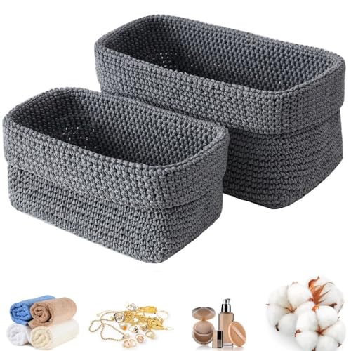 FYBlossom 2er Set Aufbewahrungskorb, Körbe aus Geflochtenem Baumwollseil, Stapelbare Häkelkorb Regalkörbe, Gewebte Bad Körbe für Handtücher, Kosmetik, Spielzeug, Schmuck (Grau) von FYBlossom