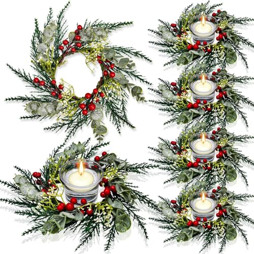 4 Stück Weihnachtskranz Weihnachten Kerzenringe Für Stabkerzen, Kleine Weihnachten Kerzenhalter Teelichthalter, Rot Beeren Kerzenring Kerzenständer Weihnachtsdeko Für Wand Fenster Tisch (Stil C) von FYBlossom