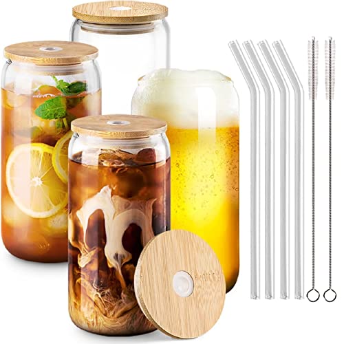 4er Set Cocktailgläser Mit Deckel Und Glasstrohhalm, 380ml Trinkgläser Glasbecher Eiskaffeebecher Longdrinkgläser Set, Borosilikatglas Trinkbecher Bier Glass Für Säfte, Whisky, Eiskaffee, Soda, Milch von FYBlossom