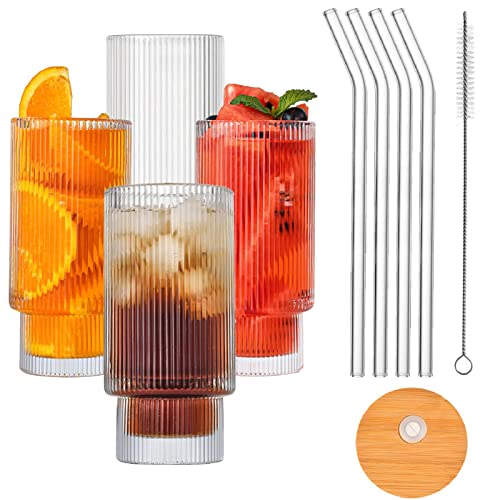 4er Set Cocktailgläser Mit Deckel und Glasstrohhalm, 350ml Trinkgläser Bier Glas Longdrinkglas Eiskaffee Gläser Set, Borosilikatglas Trinkbecher Kaffeeglas Für Säfte, Whisky, Eiskaffee, Soda, Milch von FYBlossom