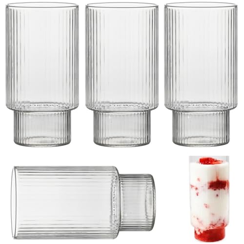 4er Set Geriffelte Gläser Kaffeegläser Wassergläser, Vintage Gerippte Cocktailgläser Trinkgläser Eiskaffee Gläser Latte Gläser, Origami-Stil Longdrinkgläser Für Milch/ Eiskaffee/ Whisky/ Tee (400ML) von FYBlossom