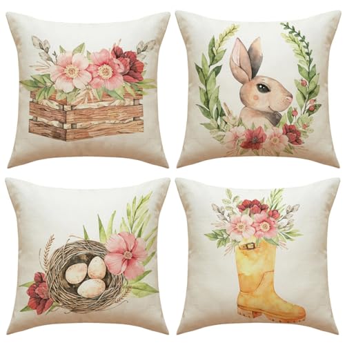 4er Set Ostern Kissenbezug 45x45cm Leinen Kissenhülle, Hase Blumen Ostereier Frühling Kissenbezüge Ostern Deko, Ostern Dekokissen Sofakissen Zierkissenbezug Für Couch Wohnzimmer Deko (Stil A) von FYBlossom