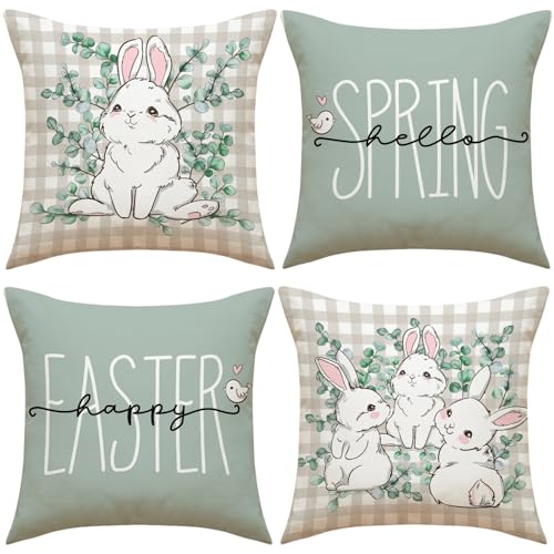 4er Set Ostern Kissenbezug 45x45cm Leinen Kissenhülle, Hase Blumen Ostereier Frühling Kissenbezüge Ostern Deko, Ostern Dekokissen Sofakissen Zierkissenbezug Für Couch Wohnzimmer Deko (Stil B) von FYBlossom