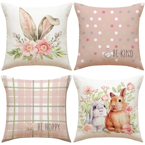 4er Set Ostern Kissenbezug 45x45cm Leinen Kissenhülle, Hase Blumen Ostereier Frühling Kissenbezüge Ostern Deko, Ostern Dekokissen Sofakissen Zierkissenbezug Für Couch Wohnzimmer Deko (Stil E) von FYBlossom