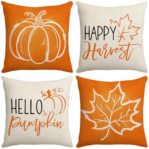 4er Set Thanksgiving Dekorative Kissenbezüge, Herbst Kissenbezüge Zierkissenbezug Kissenhülle, Leinen Kürbis Ahorn Blätter Überwurf Kissenbezug Für Büro Schlafzimmer Couch Auto Dekoration, 45 X 45cm von FYBlossom