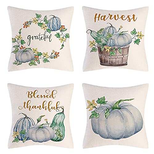 4er Set Thanksgiving Dekorative Kissenbezüge, Herbst Kissenbezüge Zierkissenbezug Kissenhülle, Leinen Kürbis Ahorn Blätter Überwurf Kissenbezug Für Büro Schlafzimmer Couch Auto Dekoration, 45 X 45cm von FYBlossom