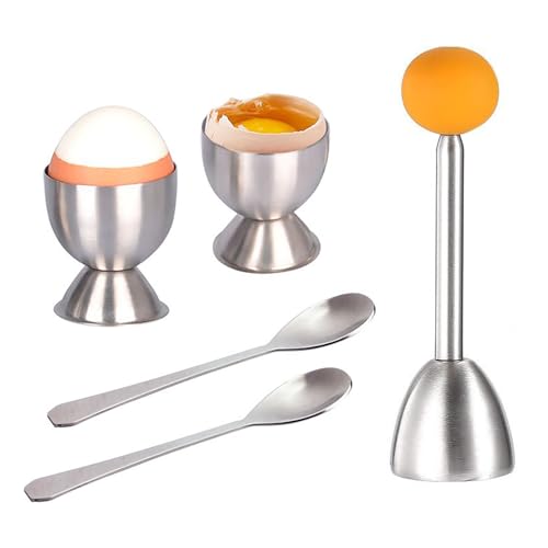 5 Stück Eierköpfer Eierbecher Edelstahl Eieröffner Set, Eierstecher Frühstück Eierbehälter Mit 2 Löffel, Schalentrenner Küchenwerkzeug Für Harte Und Weiche Eier (Orange) von FYBlossom
