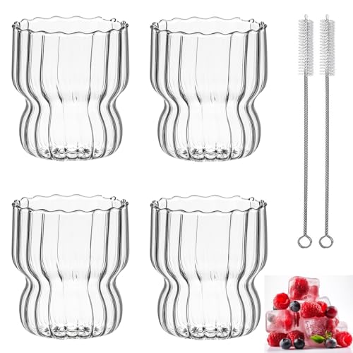 FYBlossom Cappuccino Gläser Espressotassen Set (4 X 250ml)| Kaffeegläser Dessertgläser Teeglas Mit Reinigungsbürste| Origami-Stil Ripple Kaffeebecher Saftgläser Klein Für Latte, Tee, Eis, Milch, Bier von FYBlossom