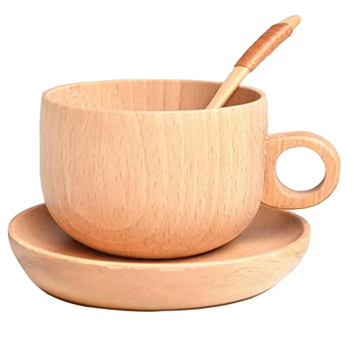 FYBlossom Holzbecher Holz Kaffeetassen Set Mit Untertasse Und Löffel, Holztasse Kaffee Natur Holz Teebecher Handgefertigte Wassertassen, Tragbar Trinkbecher Für Espresso Latte Macchiato Cappuccino von FYBlossom