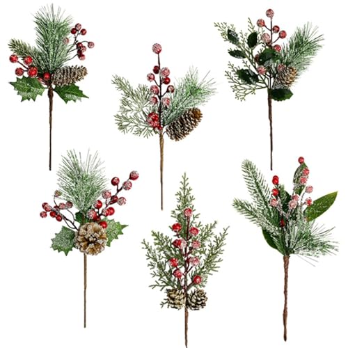 FYBlossom 6 Stück Kleine Künstliche Rote Beeren, Weihnachtsbeeren Tannenzweige Künstliche Holly Berry, Künstliche Kiefernzweige Tannenzapfen Rote Beeren Zweige Deko Für DIY Weihnachtskranz Handwerk von FYBlossom
