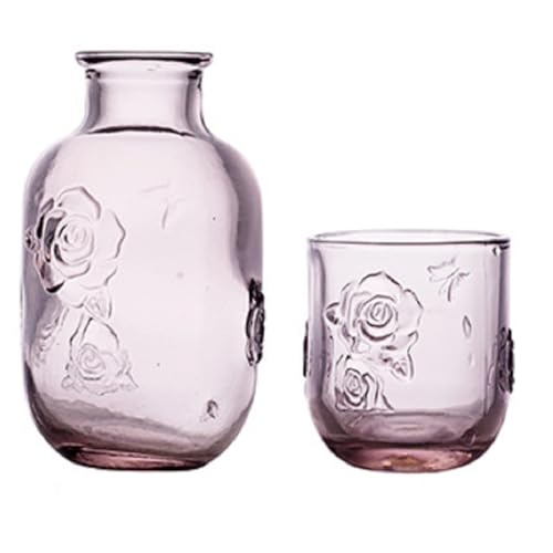 FYBlossom Nachttisch Wasserkaraffe Mit Glas Set| 440ML Nachtkaraffe Mit 150ML Glas| Vintage Glaskaraffe Wasserkrug Und Tasse Set| Glas Mundwasser Karaffe Und Becher Für Schlafzimmer (Rosa Blumen) von FYBlossom