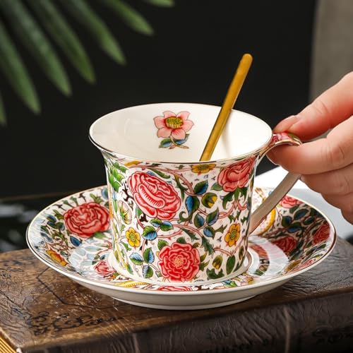 FYBlossom Porzellan Kaffeetassen Mit Untertasse Set, 250ml Vintage Kaffeebecher Keramik Tee-Tasse Espressotassen Cappuccino Tassen Set, Europäischer Stil Kaffeeservice Set Für Latte Tea Milch (D) von FYBlossom
