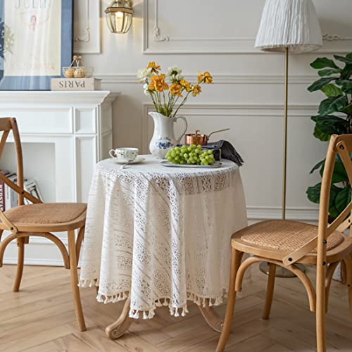 FYBlossom Rund Spitzen Tischdecke Weiß Spitzentischdecke Abwaschbar, Boho Spitze Elegantes Quaste Hochzeitstischdecke Aus Polyester, Runde Gehäkelter Tischdecken Für Hochzeit Party Bankett Dekoration von FYBlossom