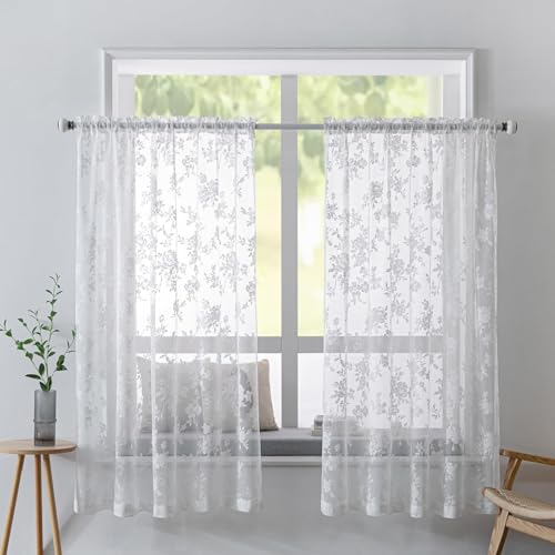 FYBlossom Scheibengardine Bistrogardine Weiß Halbtransparente Vorhänge, 2er Set Privatsphäre Bistrogardine Voile Transparent Kurzstores Voile Gardine Mit Schlaufen (Stil D, 65Bx115H(cm)) von FYBlossom